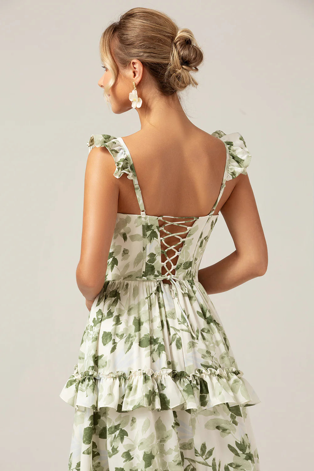 Green Flower A-Line Printed Tiered Long Bridesmaid Dress With Slit
