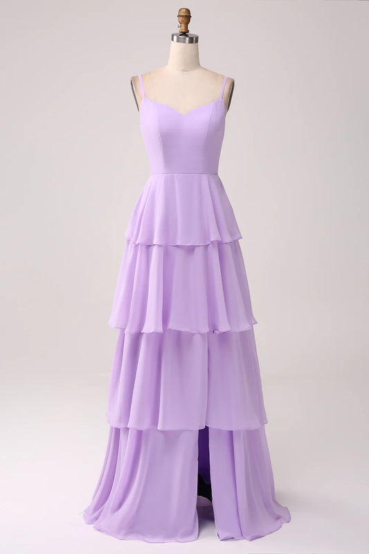 Lilac A-line thin suspender layered floor mopping bridesmaid dress with slit