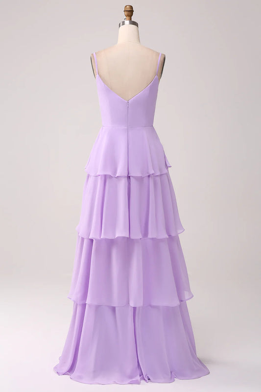 Lilac A-line thin suspender layered floor mopping bridesmaid dress with slit