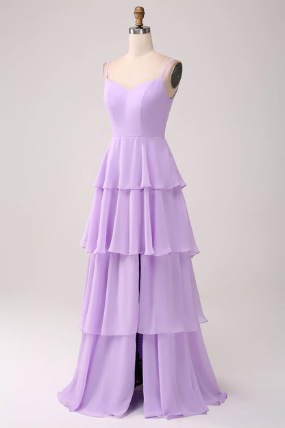 Lilac A-line thin suspender layered floor mopping bridesmaid dress with slit