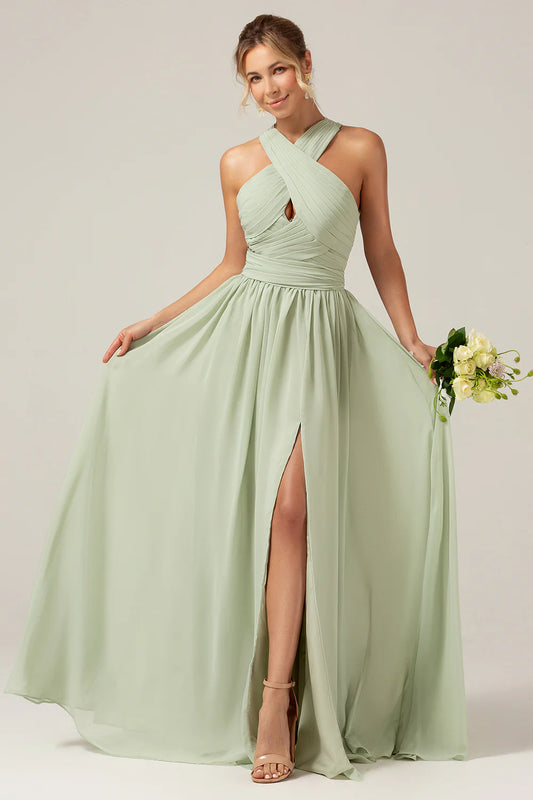 A-line camisole pleated long bridesmaid dress