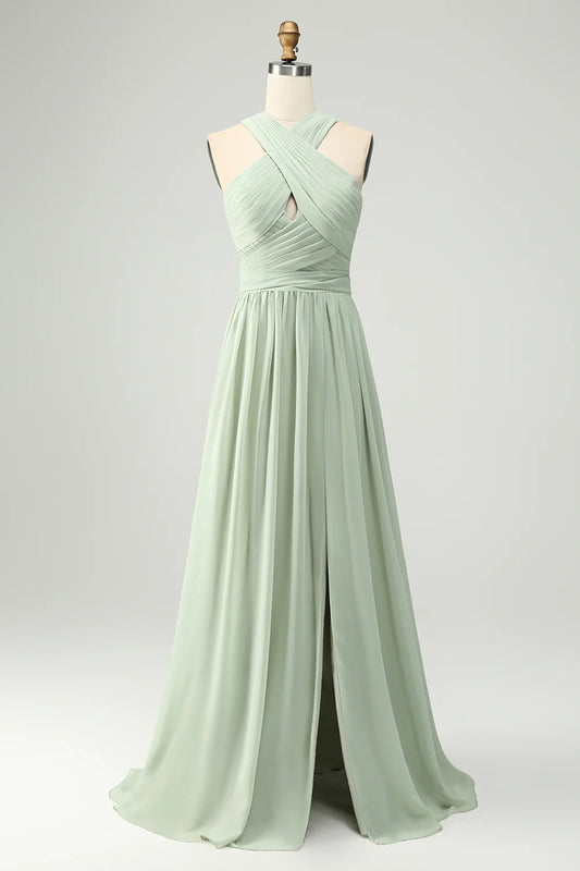 A-line camisole pleated long bridesmaid dress with slit
