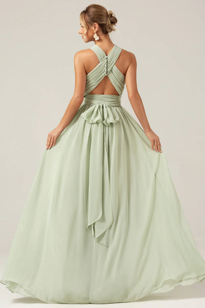 A-line camisole pleated long bridesmaid dress