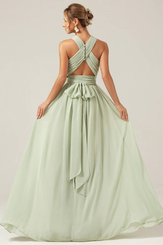 A-line camisole pleated long bridesmaid dress