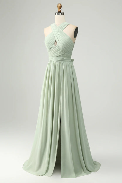 A-line camisole pleated long bridesmaid dress with slit