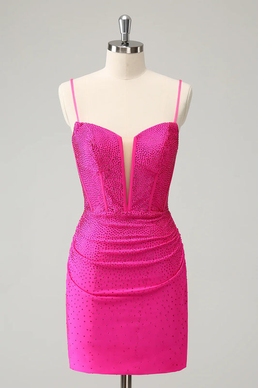 Tight spaghetti strap tight corset short with beads back to school dress