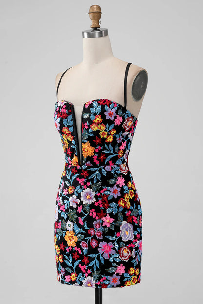 Black Flower Mermaid Spaghetti Straps Embroidered Short Homecoming Dress