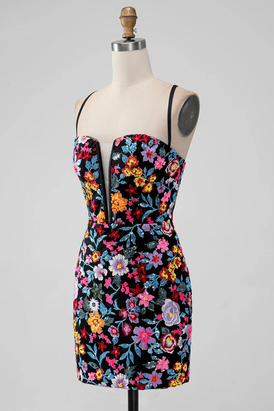 Black Flower Mermaid Spaghetti Straps Embroidered Short Homecoming Dress