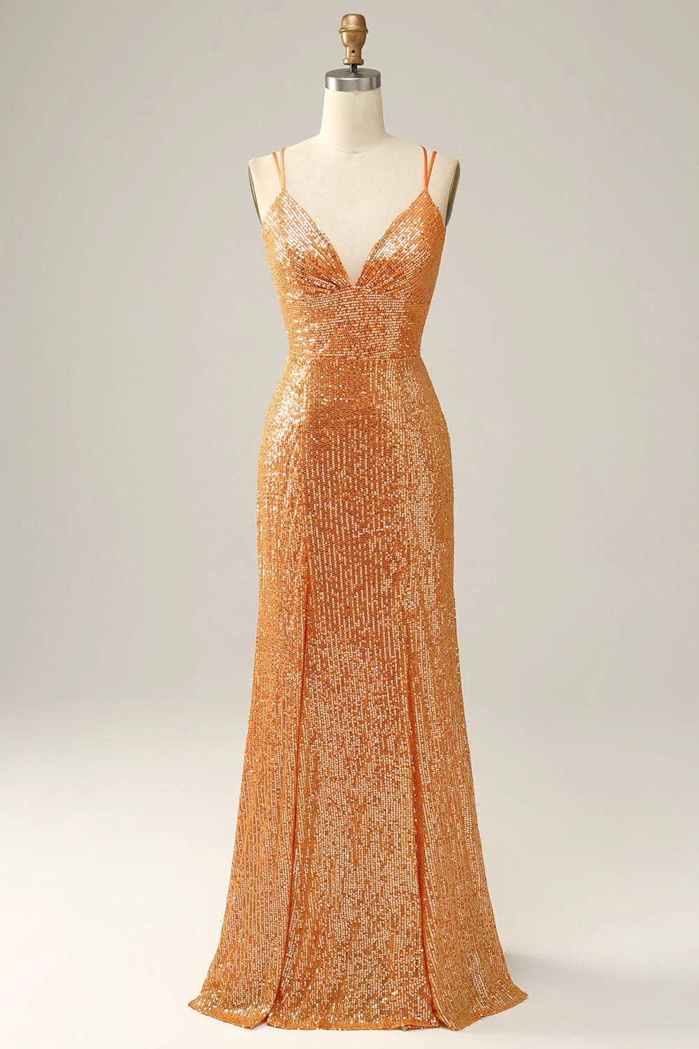 Orange mermaid spaghetti strap sparkling sequin V-neck backless ball dress
