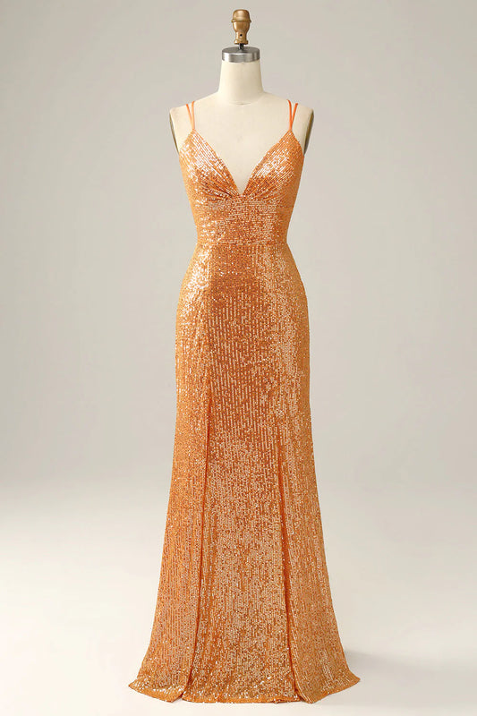 Orange mermaid spaghetti strap sparkling sequin V-neck backless ball dress