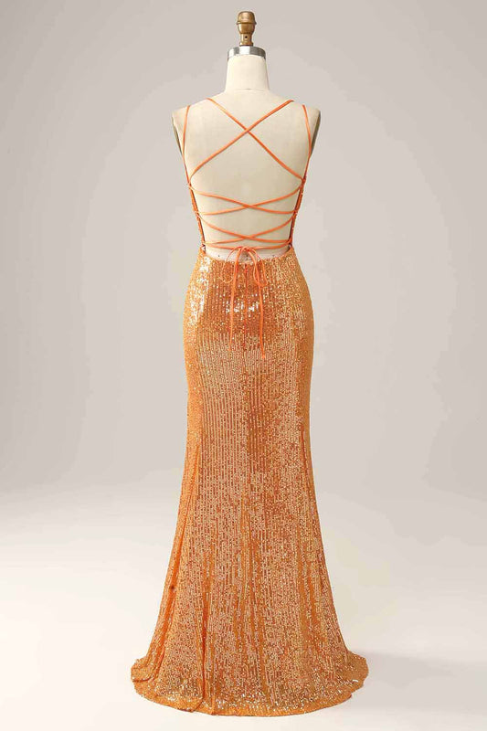 Orange mermaid spaghetti strap sparkling sequin V-neck backless ball dress