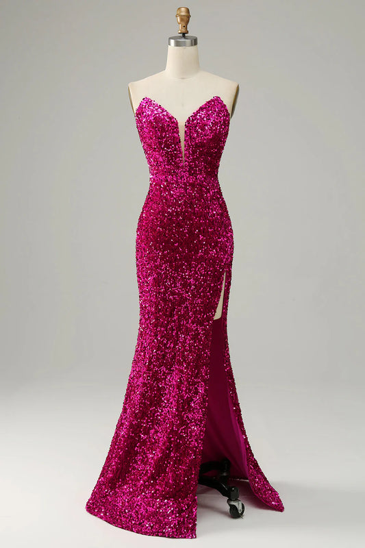 Hot Pink Mermaid Strapless Sequin Prom Dress with Slit