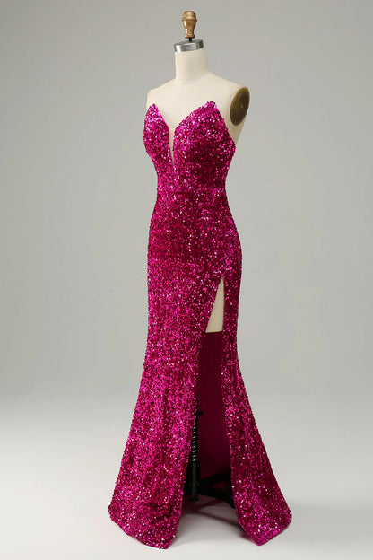 Hot Pink Mermaid Strapless Sequin Prom Dress with Slit