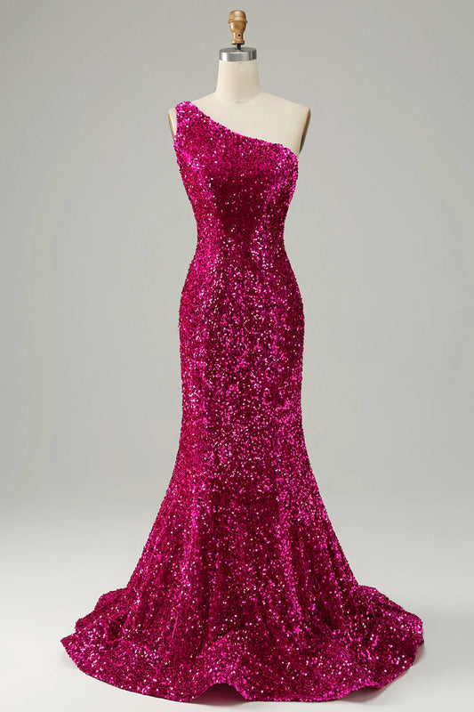 Single shoulder sequined backless long ball gown
