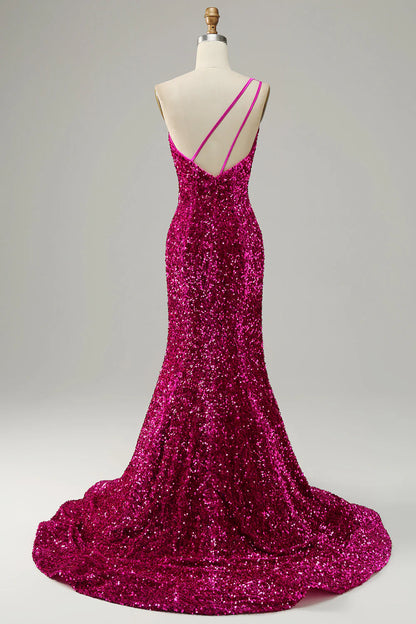 Single shoulder sequined backless long ball gown