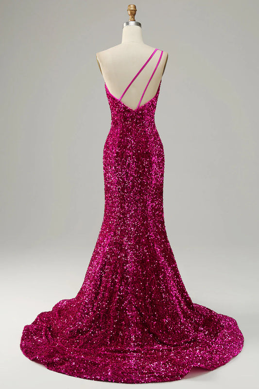 Single shoulder sequined backless long ball gown