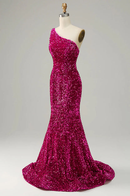Single shoulder sequined backless long ball gown