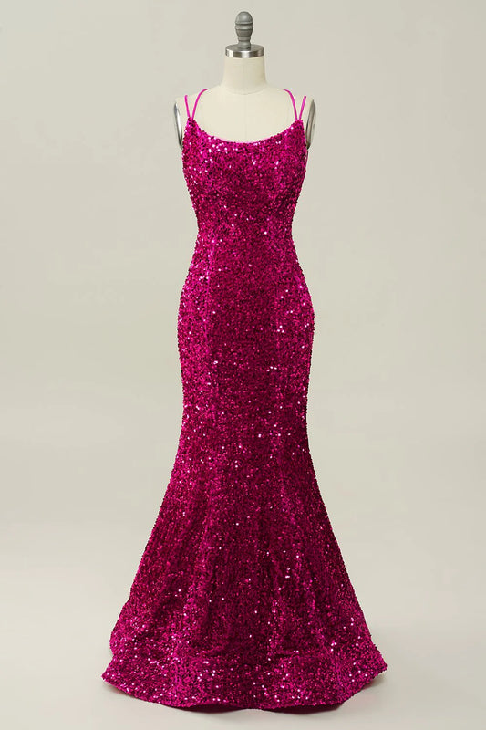 Hot pink sequin thin suspender strap backless mermaid dance dress