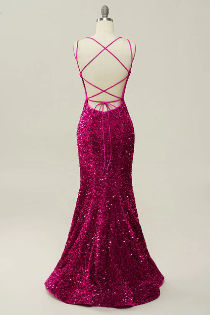 Hot pink sequin thin suspender strap backless mermaid dance dress