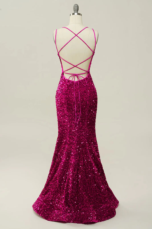 Hot pink sequin thin suspender strap backless mermaid dance dress