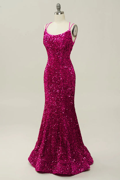 Hot pink sequin thin suspender strap backless mermaid dance dress