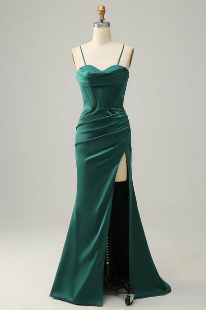 Mermaid spaghetti strap long with slit ball gown