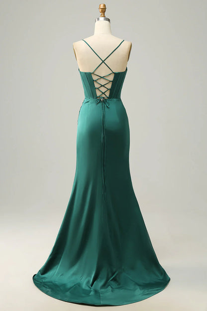Mermaid spaghetti strap long with slit ball gown