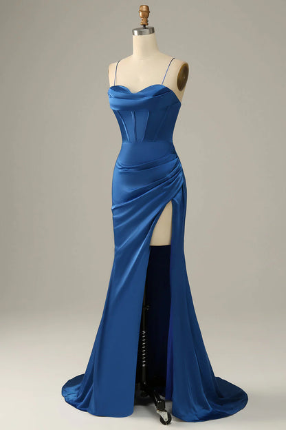Mermaid spaghetti strap long with slit ball gown