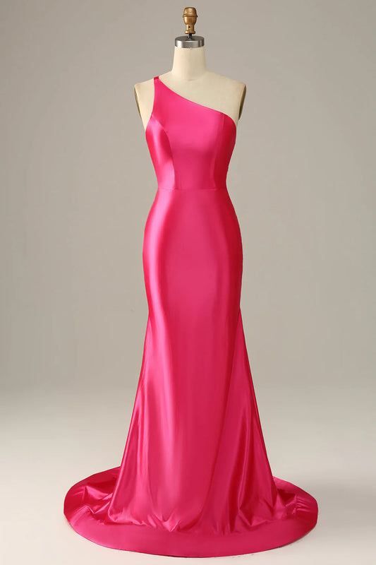 One shoulder asymmetrical backless long satin ball gown