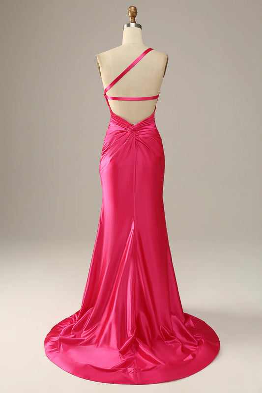 One shoulder asymmetrical backless long satin ball gown