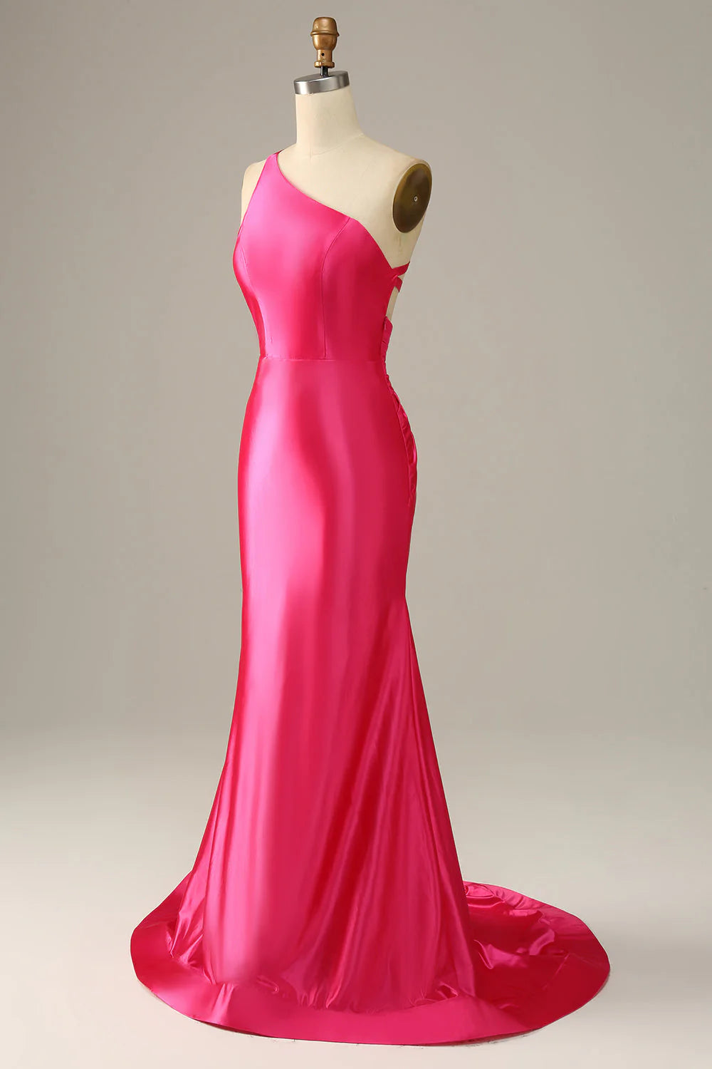 One shoulder asymmetrical backless long satin ball gown