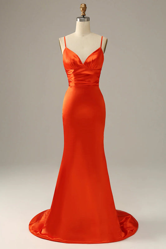 Orange mermaid spaghetti strap backless satin ball gown