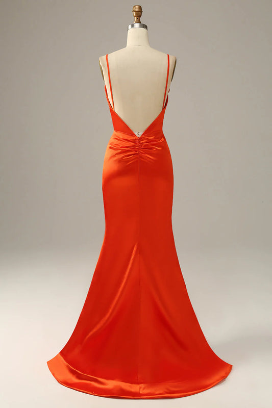 Orange mermaid spaghetti strap backless satin ball gown