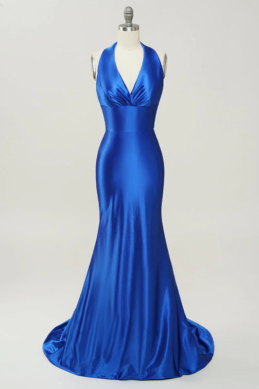 Royal Blue Mermaid Halter Lace Up Prom Dress With Backless
