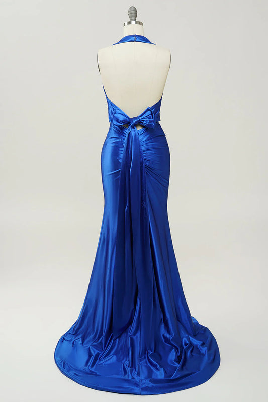 Royal Blue Mermaid Halter Lace Up Prom Dress With Backless