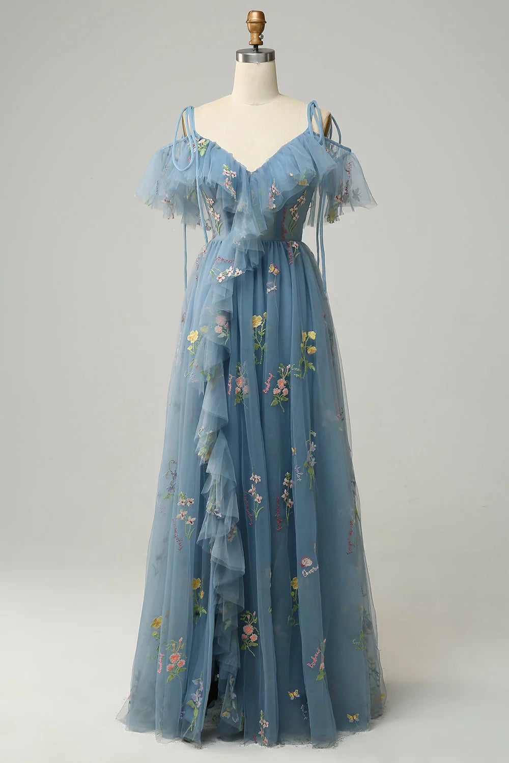 A-line shoulder V-neck long embroidered ball skirt with side slit