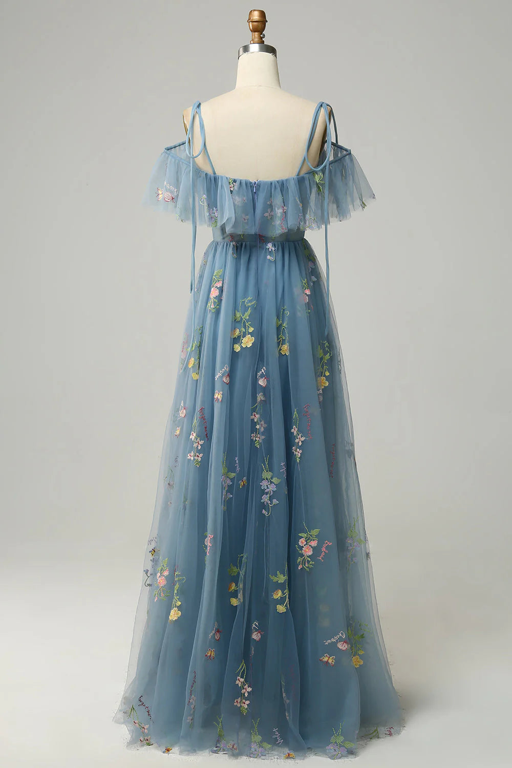 A-line shoulder V-neck long embroidered ball skirt with side slit