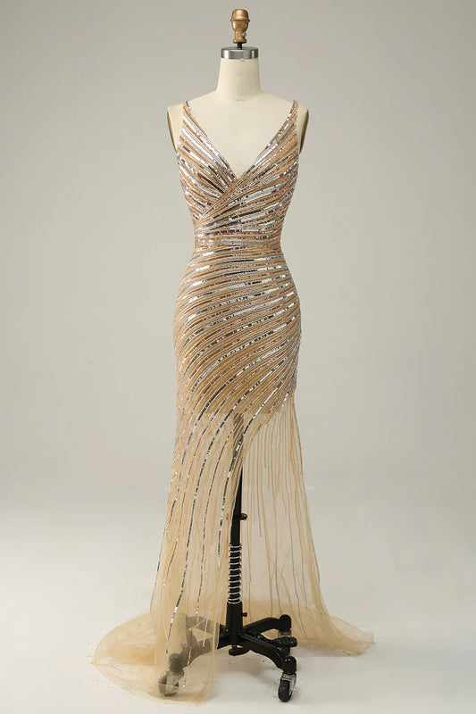 Gold V-neck shiny sequin backless long ball dress