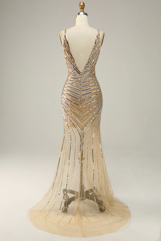Gold V-neck shiny sequin backless long ball dress