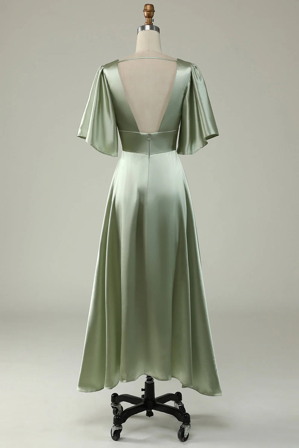 Dusty Sage A Line Deep V Neck Bridesmaid Dress with Half Sleeves
