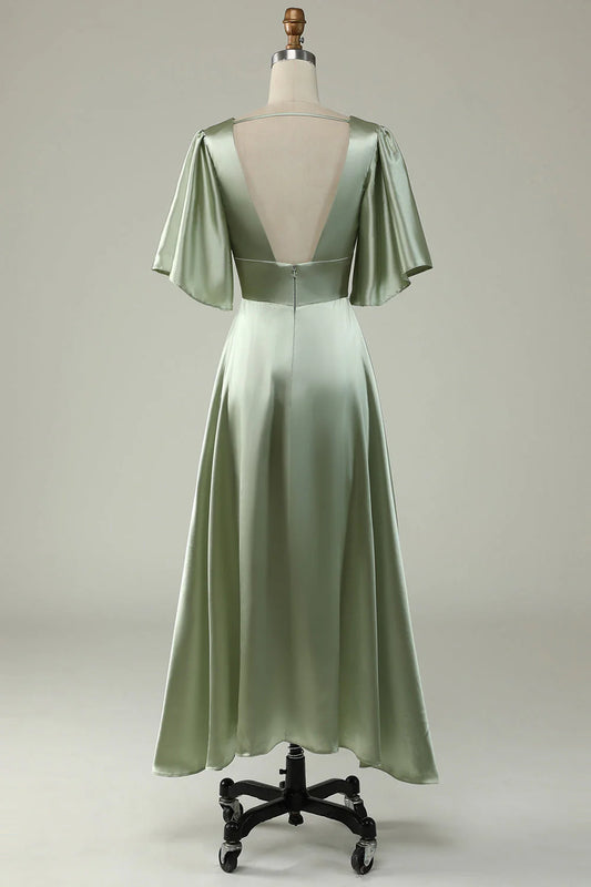 Dusty Sage A Line Deep V Neck Bridesmaid Dress with Half Sleeves