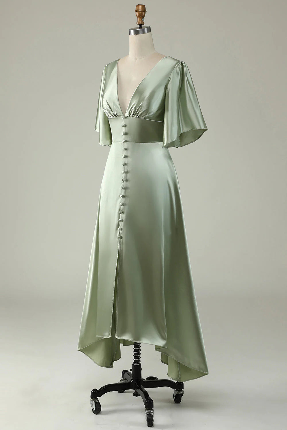 Dusty Sage A Line Deep V Neck Bridesmaid Dress with Half Sleeves