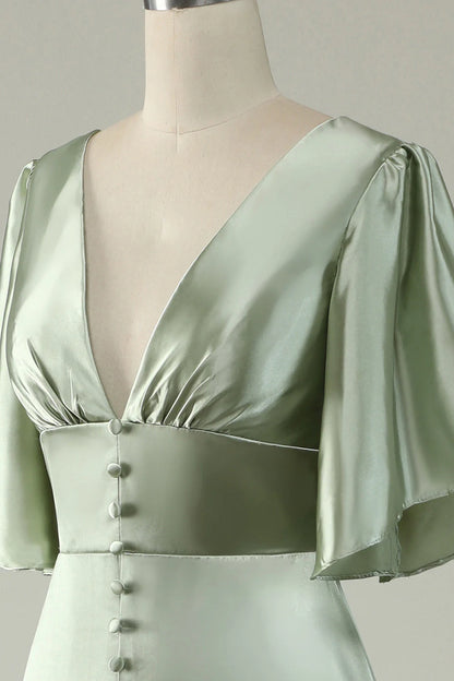 Dusty Sage A Line Deep V Neck Bridesmaid Dress with Half Sleeves