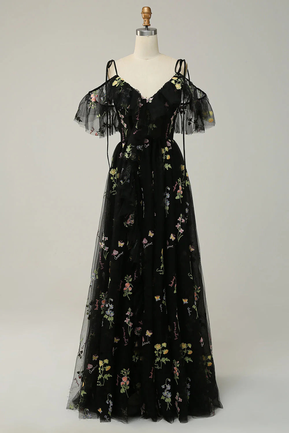 A-line shoulder V-neck long embroidered ball skirt with side slit