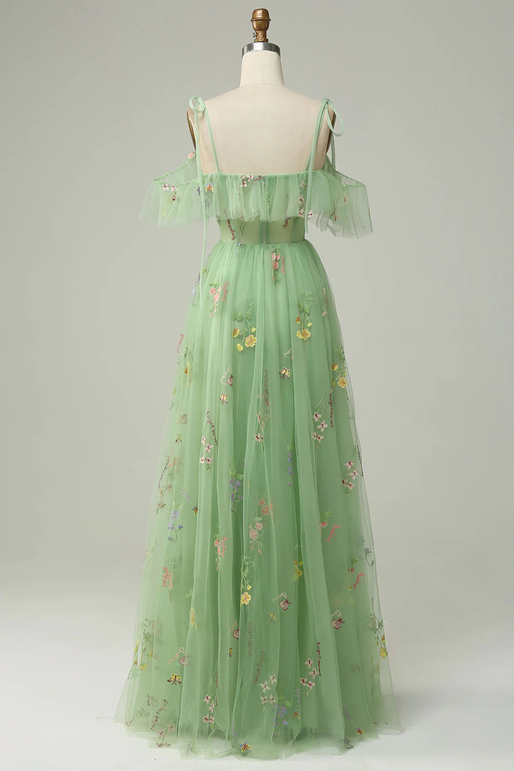 A-line shoulder V-neck long embroidered ball skirt with side slit