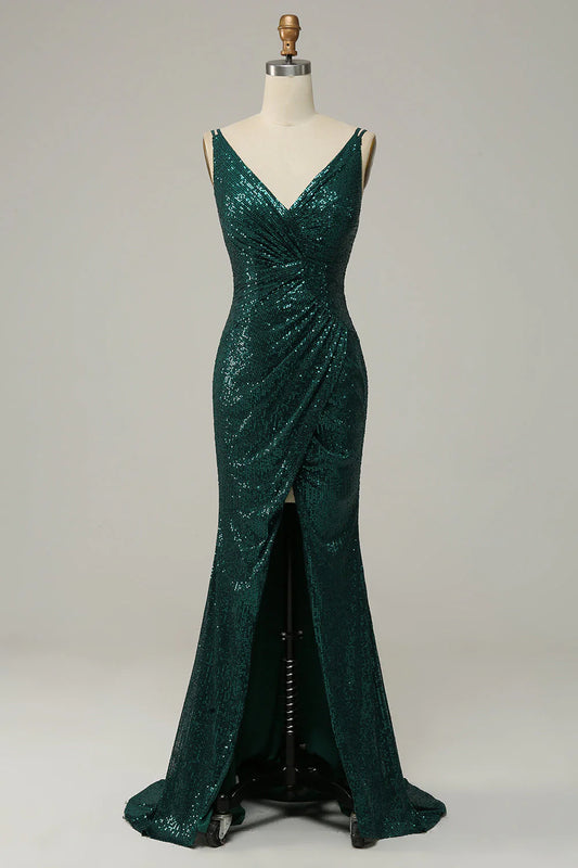 Deep green mermaid sequin thin suspender ball skirt with side slit