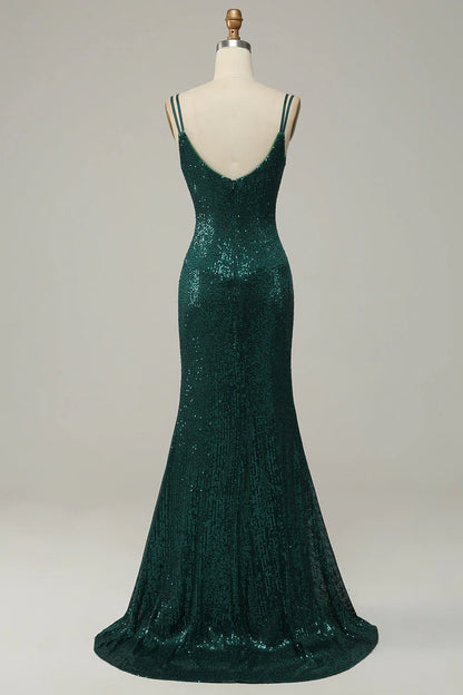 Deep green mermaid sequin thin suspender ball skirt with side slit