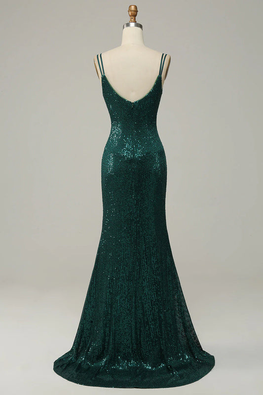 Deep green mermaid sequin thin suspender ball skirt with side slit