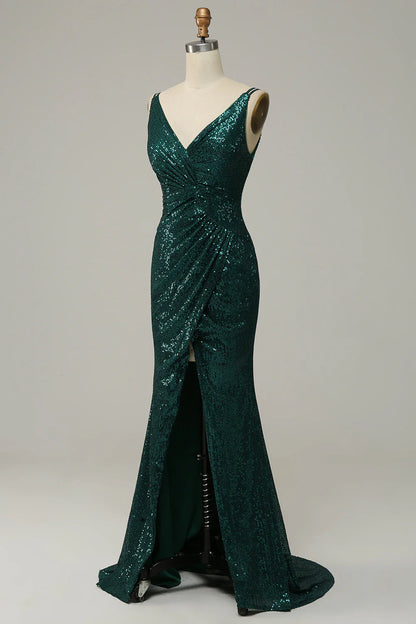 Deep green mermaid sequin thin suspender ball skirt with side slit