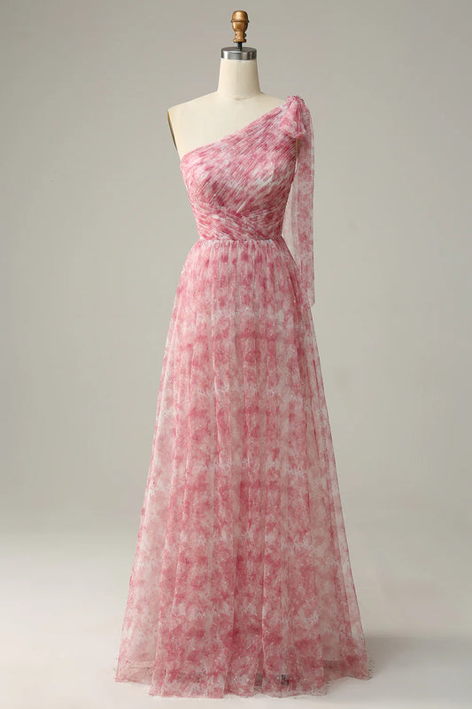 A-line single shoulder floor printed chiffon bridesmaid dress